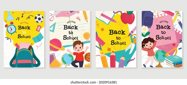 Back To School Vector Banners. Background Design With Children And Education Accessories Element. Kids Hand Drawn Flat Design For Poster , Wallpaper, Website And Cover Template. 