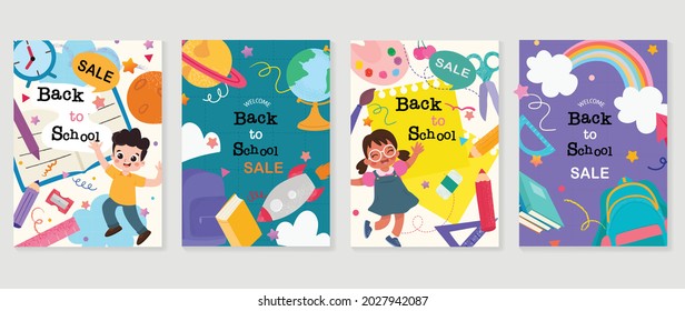 Back to school vector banners. Background design with children and education accessories element. Kids hand drawn flat design for poster , wallpaper, website and cover template. 
