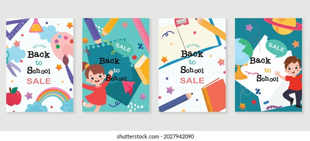 Back to school vector banners. Background design with children and education accessories element. Kids hand drawn flat design for poster , wallpaper, website and cover template. 