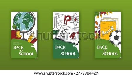 Back to school vector banners set. Education elements flyer composition. Kids posters collection. Childish style advertising template. Vertical layout. Math, chemistry class. Textbook, supplies store
