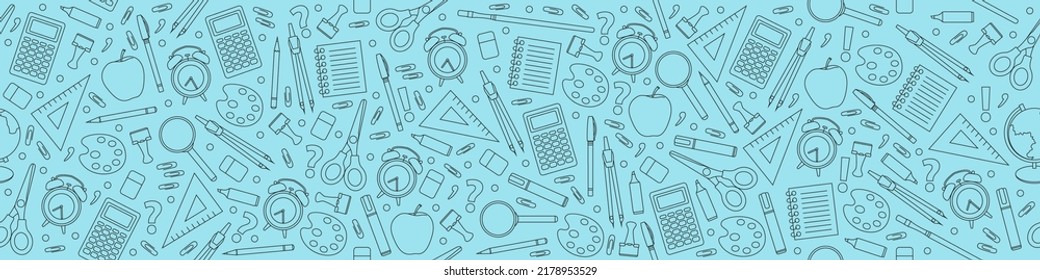 Back to school. Vector blue background with contour images of different subjects for learning. Website banner