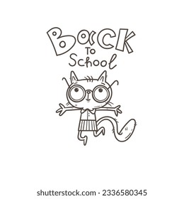 Back to school vector card. Cute cartoon cat schoolgirl with backpack. Contour image no fill.