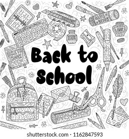 Back to school vector card. Drawing supplies for school and office with pen, pencil, ink, paintbrush, glue, school bag and others.