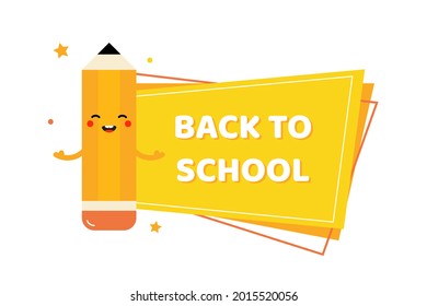 Back to School vector card, illustration, banner with cute cartoon style pencil character.