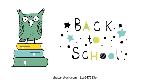 Back to school. Vector card with lettering text. Wise cute owl with books in Scandinavian style. Flat design.