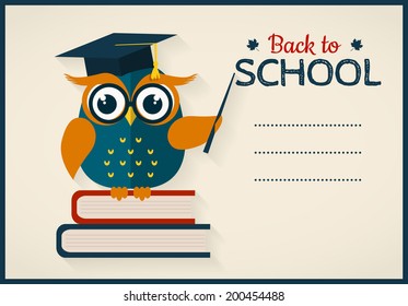 Back to school. Vector card with place for text. Wise owl with books and graduate cap. Flat design.