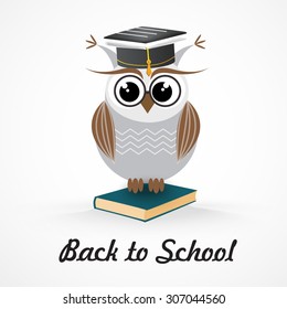 Back to school. Vector card with place for text. Wise owl with books and graduate cap. Flat design.