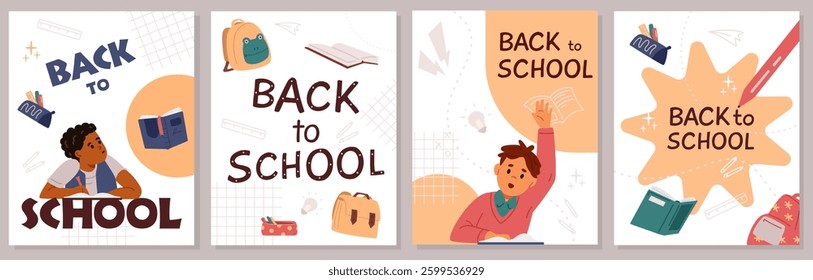 Back to school vector cards set with flat vector illustrations and doodles of school children and school supplies.