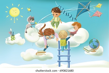 Back to school, vector cartoon background. Creative school in the clouds
Happy kids ready come back to school. Vector illustration.

