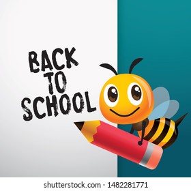 Back to school vector. Cartoon cute bee carries a big pencil with lettering white board - vector mascot character