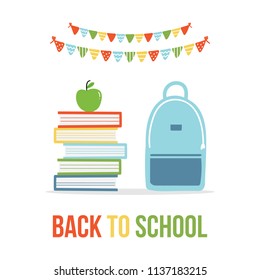 Back to school vector cartoon illustration with pile of books and school bag, backpack.
