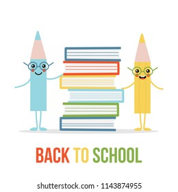 Back to school vector cartoon illustration with pile of books and cute pencil characters.