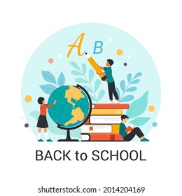 Back to school. Vector cartoon illustration in flat style of three schoolchildren in different actions (reading, writing, studying the globe) against the abstract background with school supplies