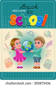 Back to school. Vector cartoon illustration with boy, girl, globe, books and school bag