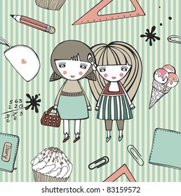 Back to school. Vector cartoon illustration with two girls