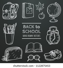 Back to school vector chalk sketch set. School stuff in hand drawn doodles style. Set of supplies for pupils on chalkboard background. Elements for your design. Eps 10