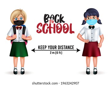 Back to school vector character design. Back to school keep your distance text with female student 3d characters with social distancing and wearing face mask for education safety. Vector illustration