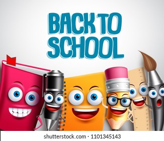 Back to school vector characters background template with colorful funny school cartoon mascots like pencil and book and white space for educational text. Vector illustration.
