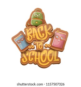 Back to school vector characters background template with funny cartoon supplies like pencil ,book, bag, eraser and space for text. Vector back to school cartoon label isolated on white
