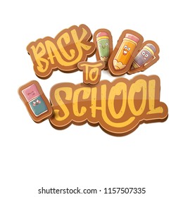 Back to school vector characters background template with funny cartoon supplies like pencil ,book, bag, eraser and space for text. Vector back to school cartoon label isolated on white