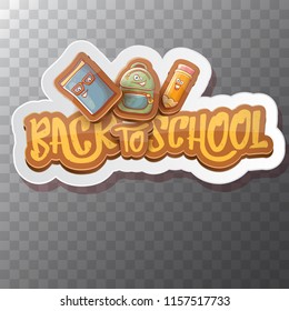 Back to school vector characters background template with funny cartoon supplies like pencil ,book, bag, eraser and space for text. Vector back to school label isolated on transparent background
