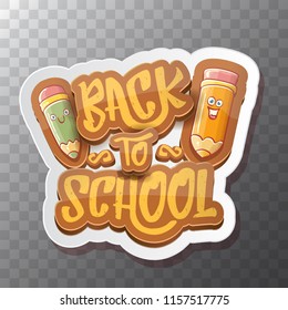 Back to school vector characters background template with funny cartoon supplies like pencil ,book, bag, eraser and space for text. Vector back to school label isolated on transparent background
