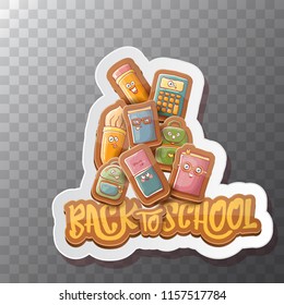 Back to school vector characters background template with funny cartoon supplies like pencil ,book, bag, eraser and space for text. Vector back to school label isolated on transparent background
