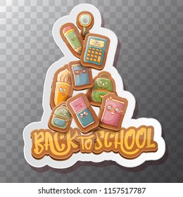 Back to school vector characters background template with funny cartoon supplies like pencil ,book, bag, eraser and space for text. Vector back to school label isolated on transparent background
