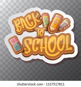 Back to school vector characters background template with funny cartoon supplies like pencil ,book, bag, eraser and space for text. Vector back to school label isolated on transparent background
