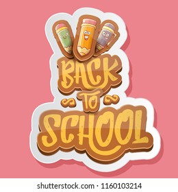 Back to school vector characters background template with funny cartoon supplies like pencil ,book, bag, eraser and space for text. Vector back to school label isolated on pink background
