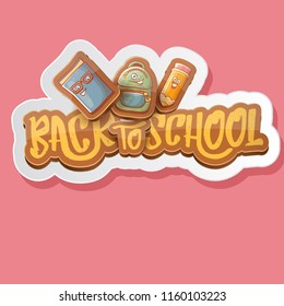 Back to school vector characters background template with funny cartoon supplies like pencil ,book, bag, eraser and space for text. Vector back to school label isolated on pink background