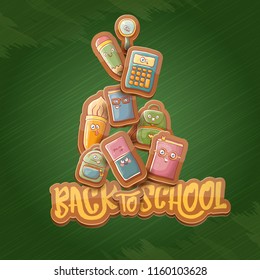 Back to school vector characters background template with funny cartoon supplies like pencil ,book, bag, eraser and space for text. Vector back to school cartoon label isolated on green chalkboard