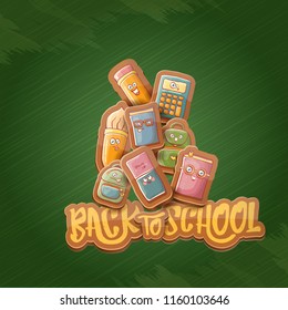 Back to school vector characters background template with funny cartoon supplies like pencil ,book, bag, eraser and space for text. Vector back to school cartoon label isolated on green chalkboard