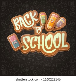 Back to school vector characters background template with funny cartoon supplies like pencil ,book, bag, eraser and space for text. Vector back to school cartoon label isolated on black chalkboard