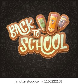 Back to school vector characters background template with funny cartoon supplies like pencil ,book, bag, eraser and space for text. Vector back to school cartoon label isolated on black chalkboard