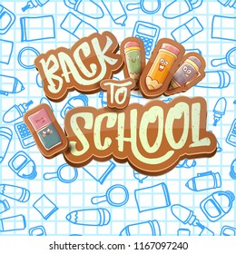 Back to school vector characters background template with funny cartoon supplies like pencil ,book, bag, eraser and space for text. Vector back to school cartoon label isolated on grid paper