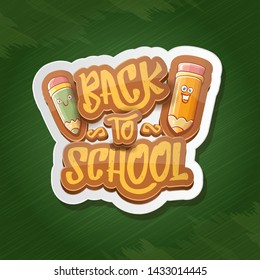 Back to school vector characters background template with funny cartoon supplies like pencil ,book, bag, eraser and space for text. Vector back to school cartoon label isolated on green chalk board