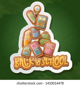 Back to school vector characters background template with funny cartoon supplies like pencil ,book, bag, eraser and space for text. Vector back to school cartoon label isolated on green chalk board