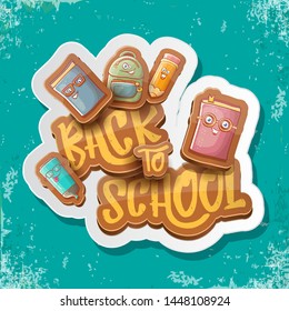 Back to school vector characters background template with funny cartoon supplies like pencil ,book, bag, eraser and space for text. Vector back to school cartoon label isolated on turquoise background