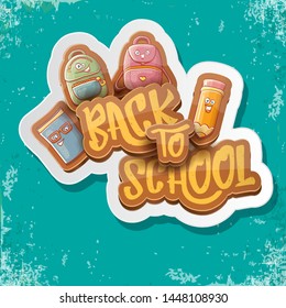 Back to school vector characters background template with funny cartoon supplies like pencil ,book, bag, eraser and space for text. Vector back to school cartoon label isolated on turquoise background