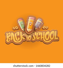 Back to school vector characters background template with funny cartoon supplies like pencil ,book, bag, eraser and space for text. Vector back to school cartoon label isolated on orange background