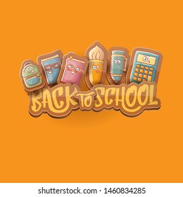 Back to school vector characters background template with funny cartoon supplies like pencil ,book, bag, eraser and space for text. Vector back to school cartoon label isolated on orange background