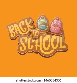 Back to school vector characters background template with funny cartoon supplies like pencil ,book, bag, eraser and space for text. Vector back to school cartoon label isolated on orange background
