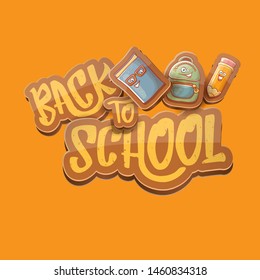 Back to school vector characters background template with funny cartoon supplies like pencil ,book, bag, eraser and space for text. Vector back to school cartoon label isolated on orange background