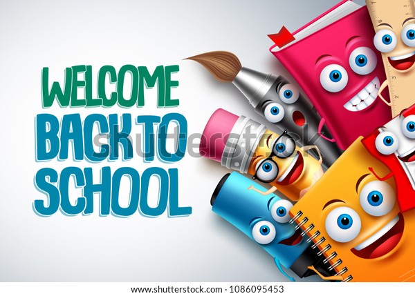 Back to school vector\
characters background template with funny education cartoon mascots\
like pencil and book and white space for text. Vector\
illustration.\
