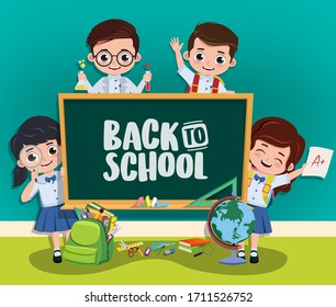 Back to school vector characters concept. Back to school text on chalkboard with pre-school, classmates kid student characters and education elements in classroom background. Vector illustration.  