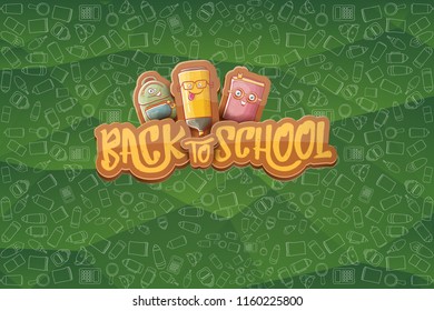 Back to school vector characters horizntal background template or banner with funny cartoon supplies like pencil ,book, bag, eraser and space for text. Vector back to school label