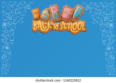 Back to school vector characters horizntal background template or banner with funny cartoon supplies like pencil ,book, bag, eraser and space for text. Vector back to school label