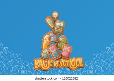 Back to school vector characters horizntal background template or banner with funny cartoon supplies like pencil ,book, bag, eraser and space for text. Vector back to school label