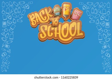 Back to school vector characters horizntal background template or banner with funny cartoon supplies like pencil ,book, bag, eraser and space for text. Vector back to school label